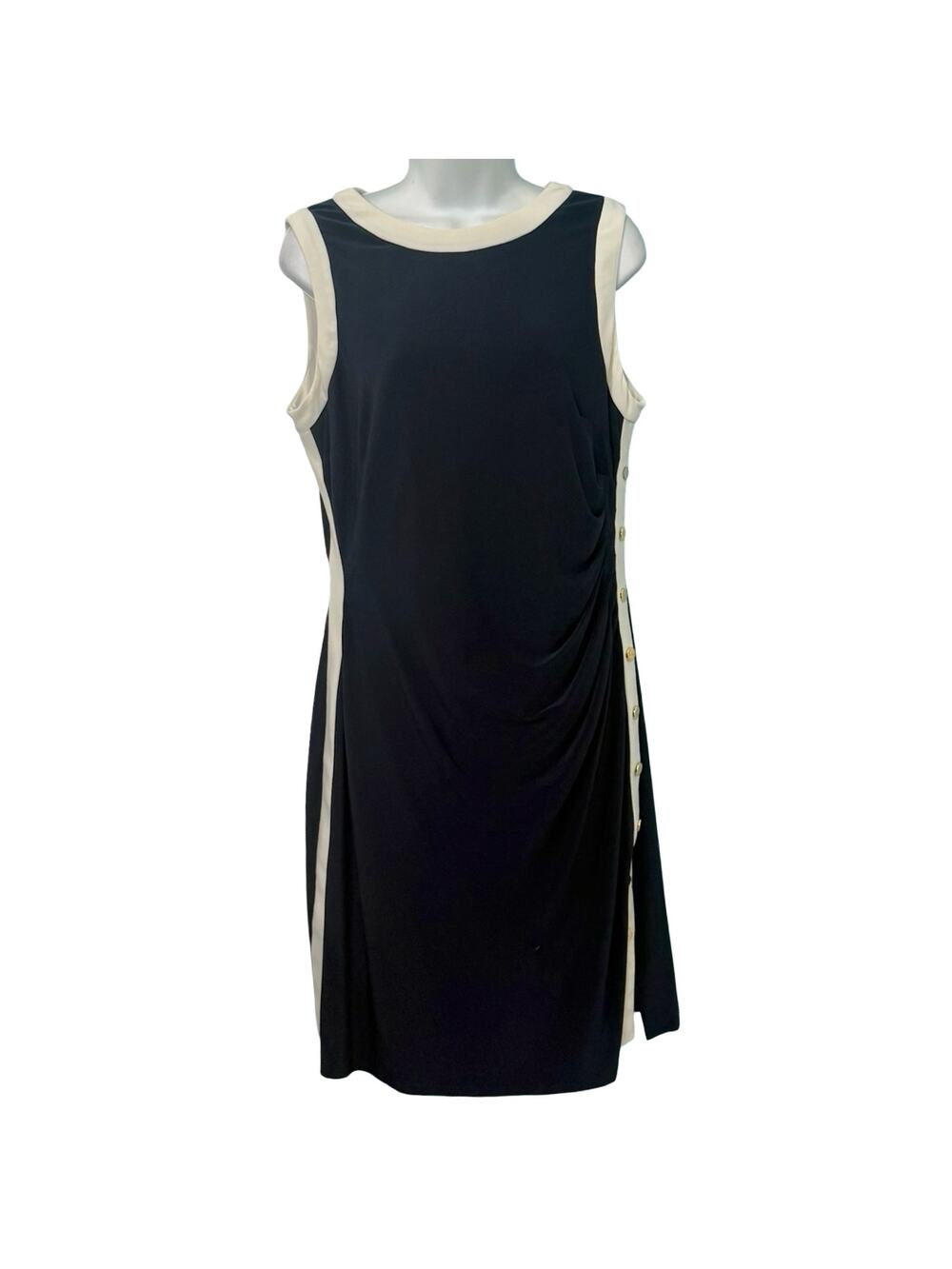 Lauren Ralph Lauren Navy Blue White Trim Snap Side Ruched Sheath Dress Size 14